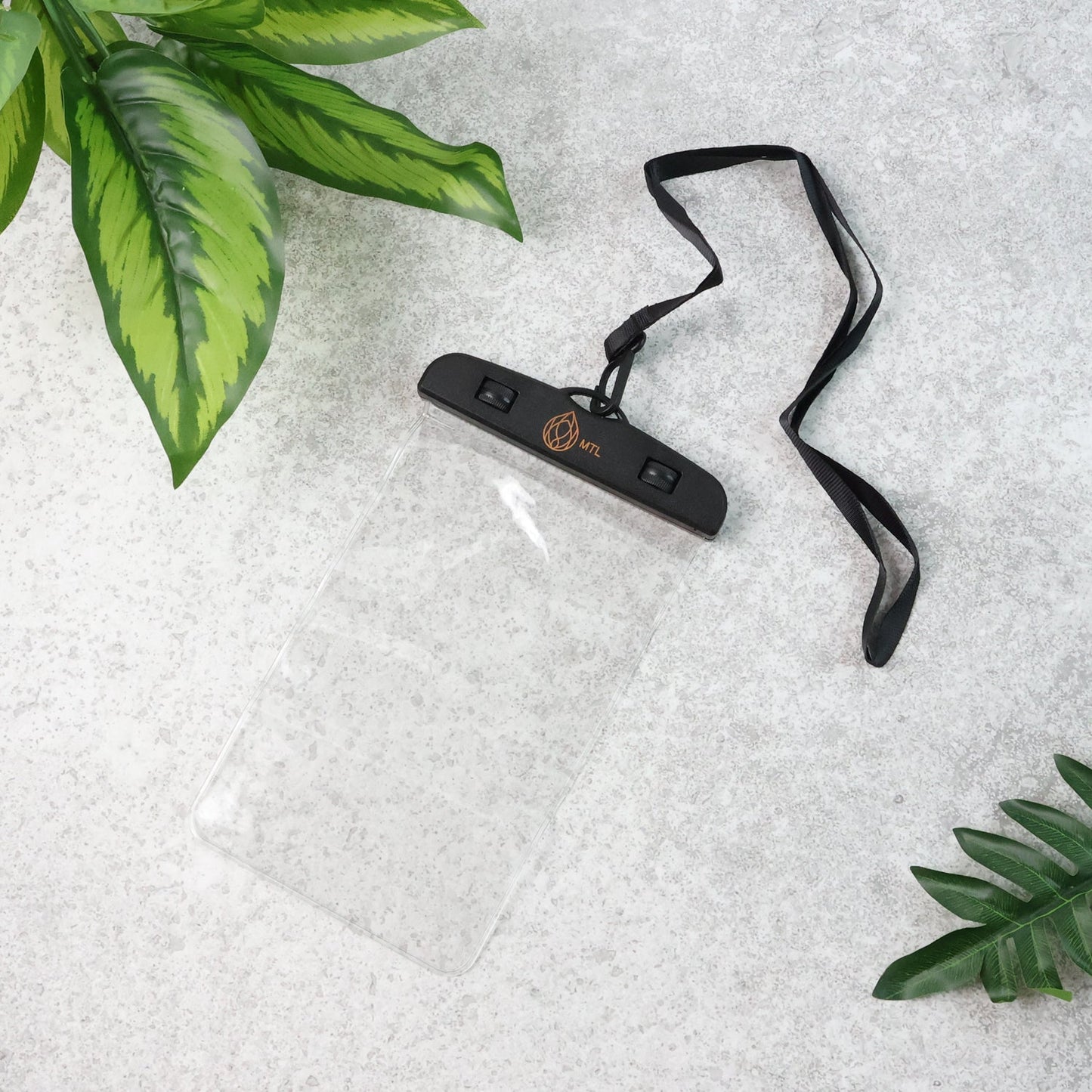 A transparent mobile pouch with a black neck strap and a gold