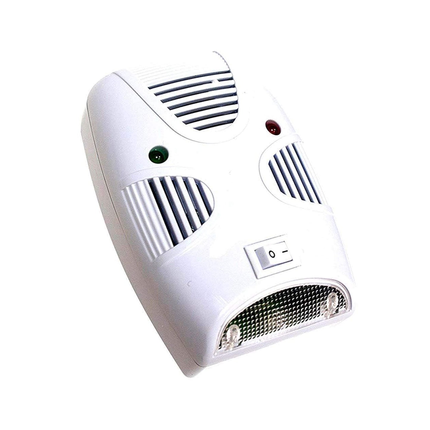 A single white plastic pest repeller with a switch, red and green lights, and a clear bottom panel with two bulbs.