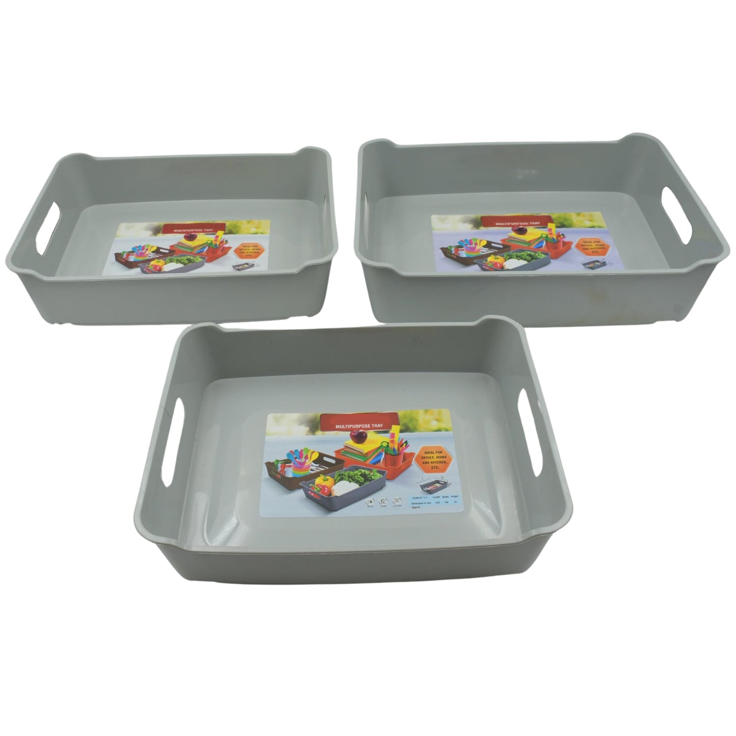 Compact plastic trays used for organizing cosmetics and stationery on a desk