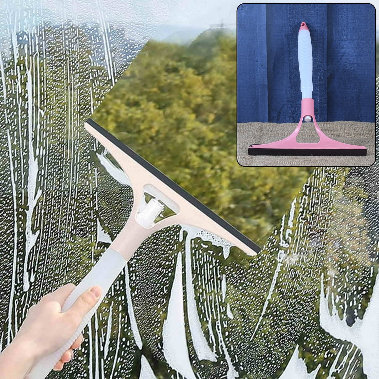 The versatile cleaning brush with squeegee side ready for a glass door.