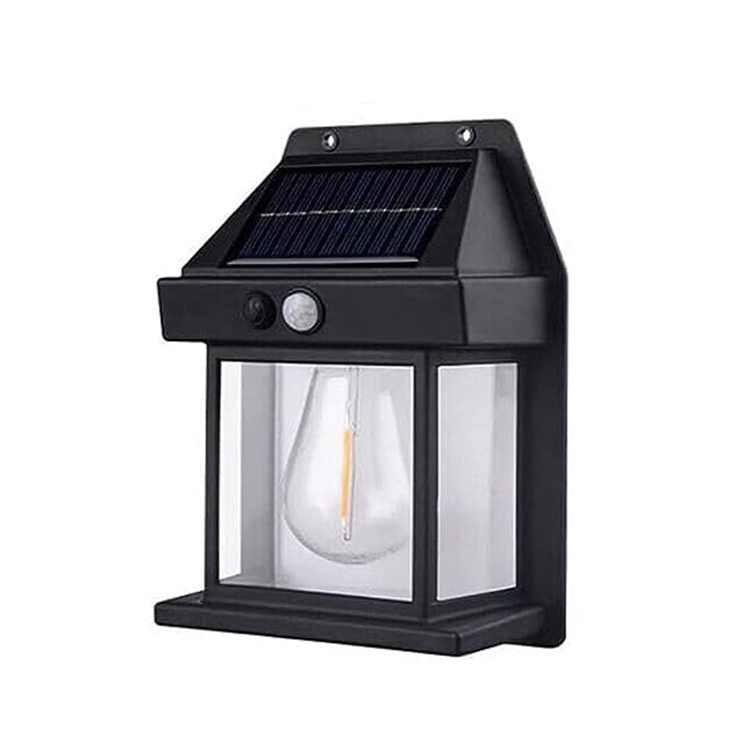 A single black solar wall lamp with a clear bulb and solar panel is displayed against a plain white background.
