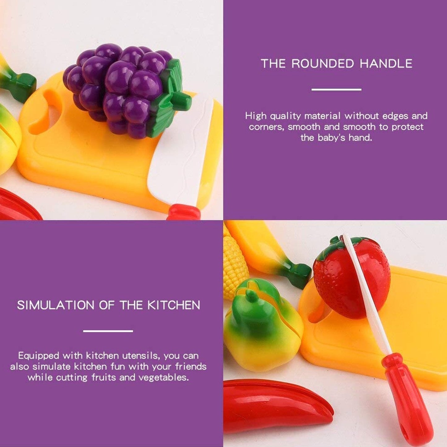 A variety of colourful plastic fruits and vegetables from the safe pretend play kitchen set.