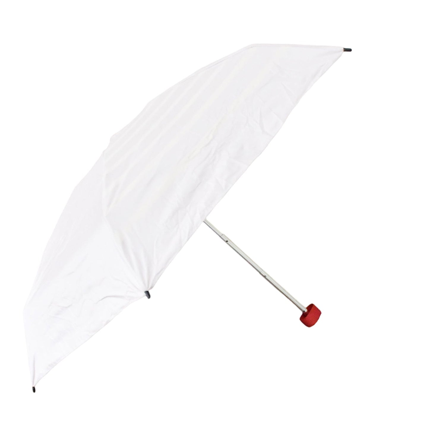A white umbrella with a red handle is open and floating against a plain white background.