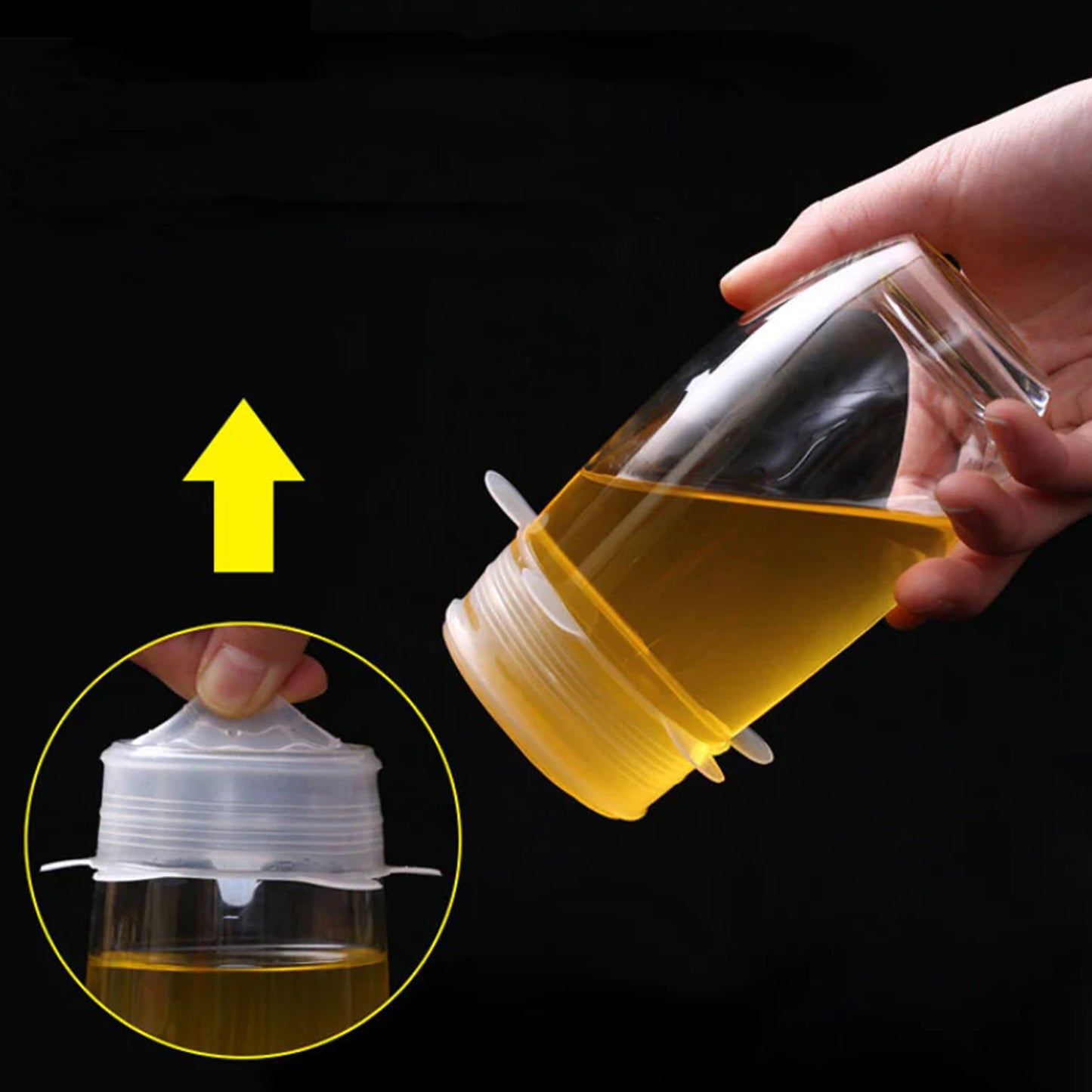 Small silicone lids sealing a jar and a mug.