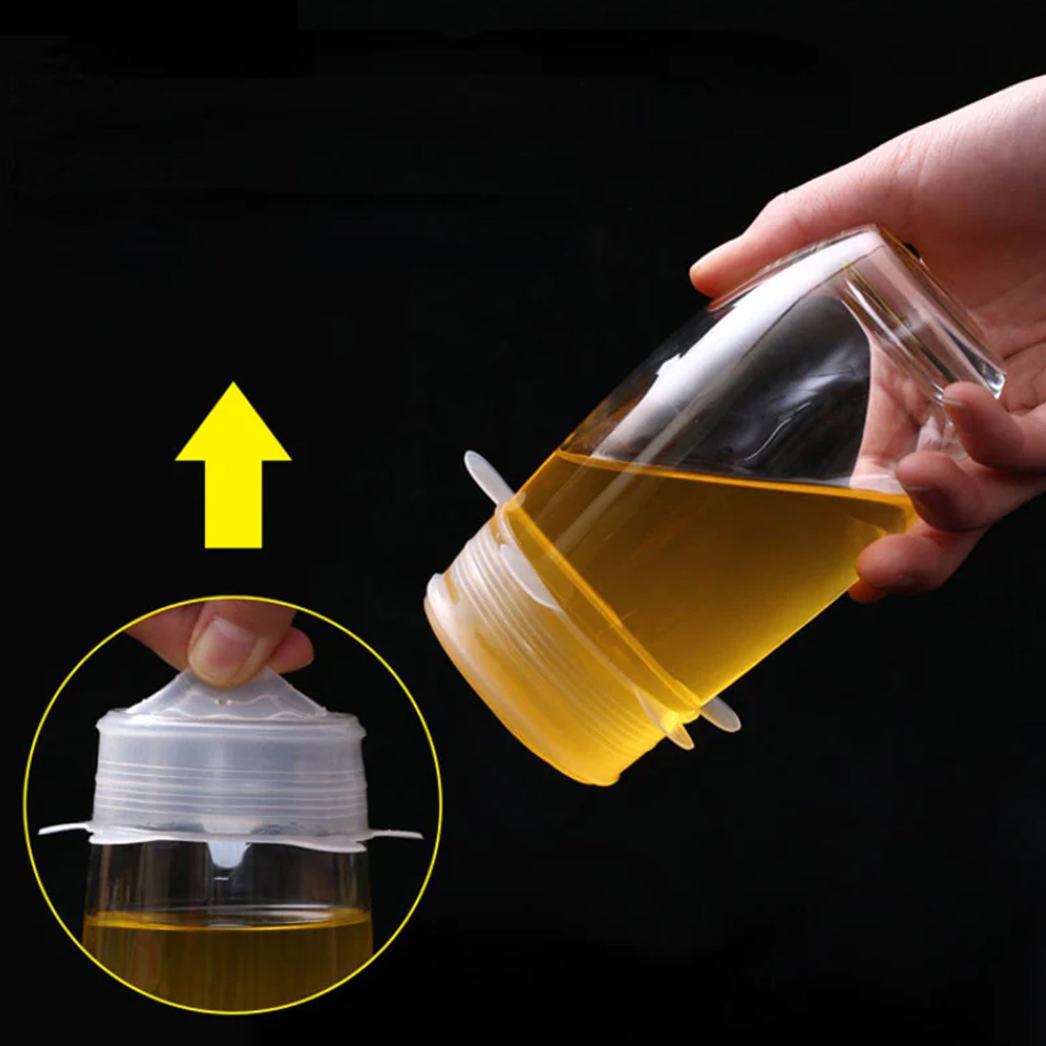 Small silicone lids sealing a jar and a mug.