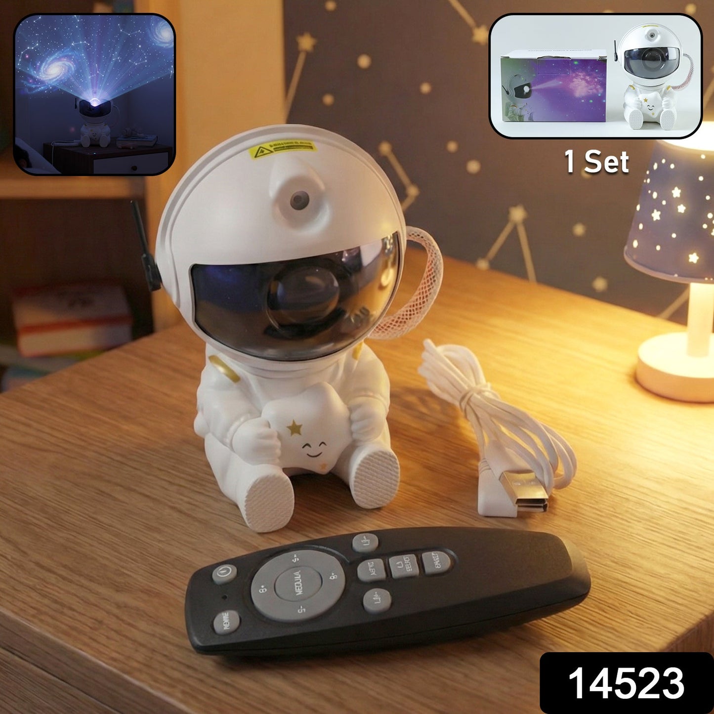 Astronaut galaxy star projector night light with remote control on table