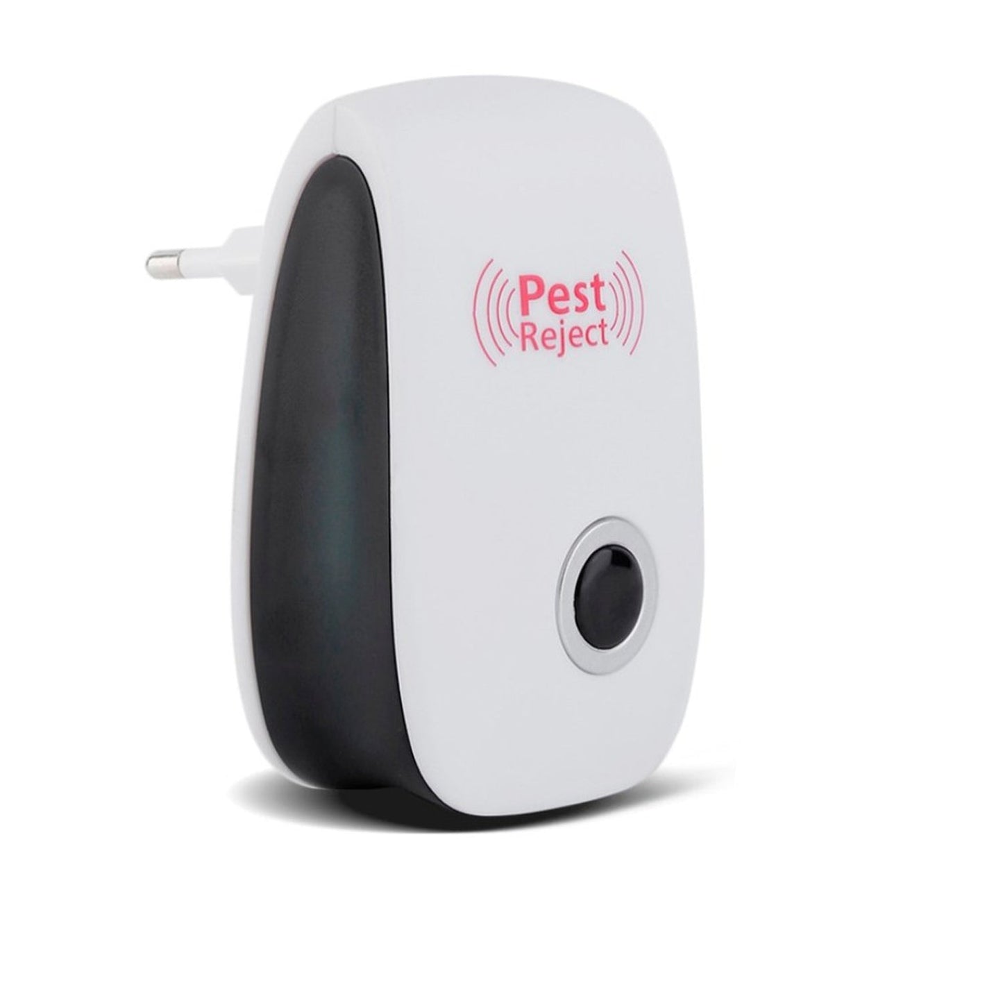 A white and black pest repeller with a black button and silver ring is shown on a white background.