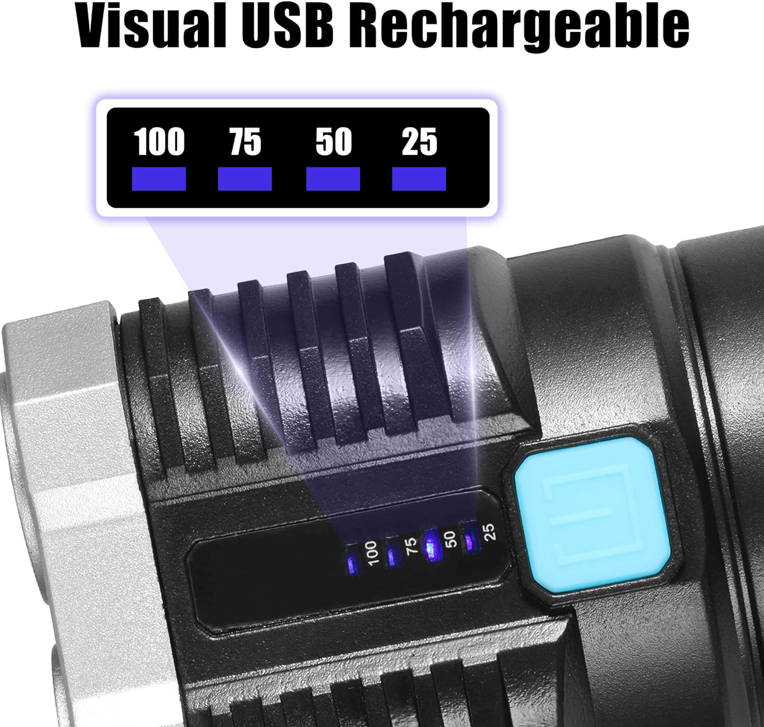 A close-up of the flashlight's side, showing a blue button and a visual battery indicator with 100, 75, 50, and 25 percent
