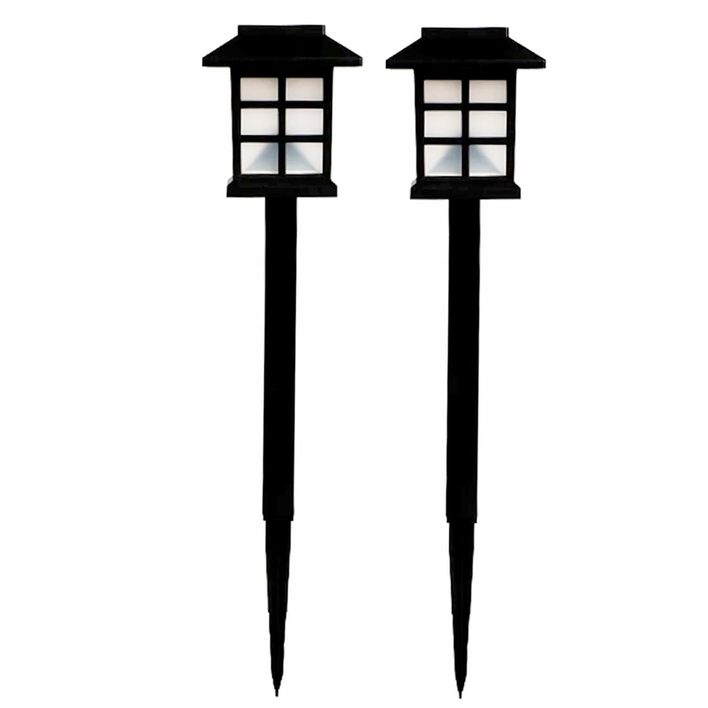 A pair of black solar garden lights with white grid panels are shown standing upright against a plain white background.