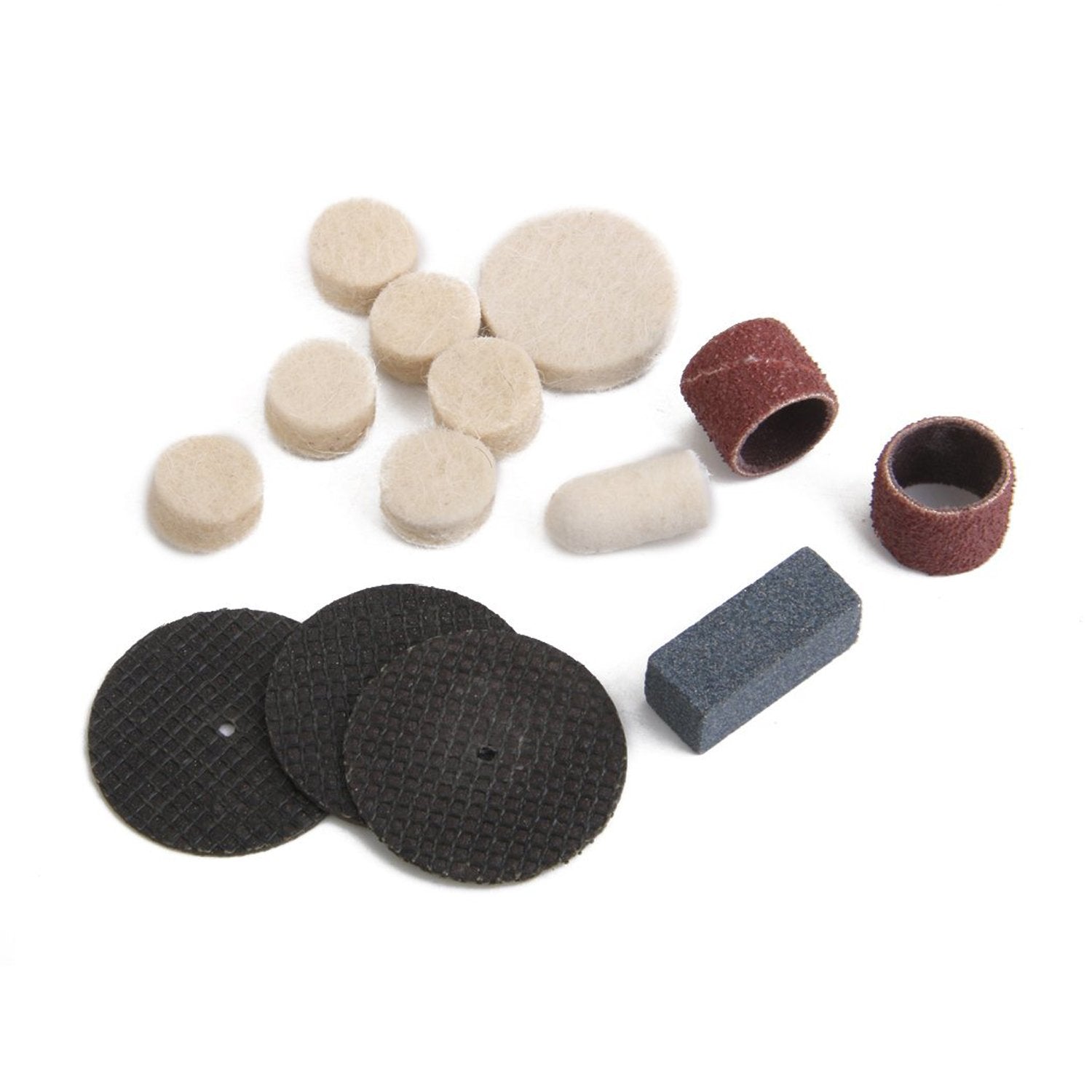 The diverse range of mini drill bits and sanding accessories from the rotary tool kit, arranged for easy selection.