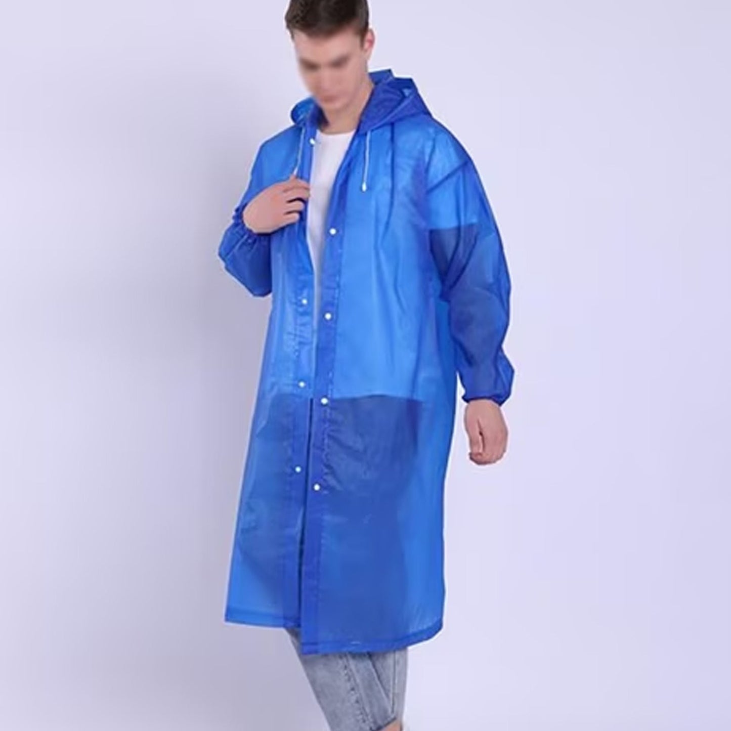 A man models a blue translucent rain jacket with a hood, with the front snaps partially open.