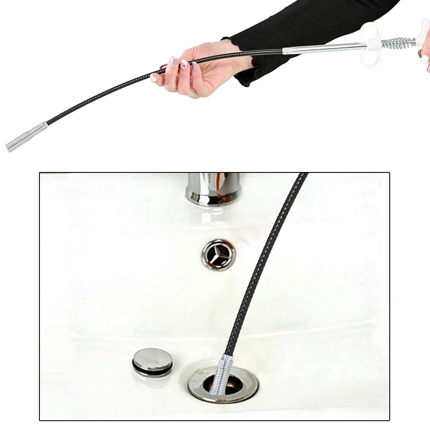 Demonstration of the Drain Cleaner Tool removing hair from a bathroom sink drain.