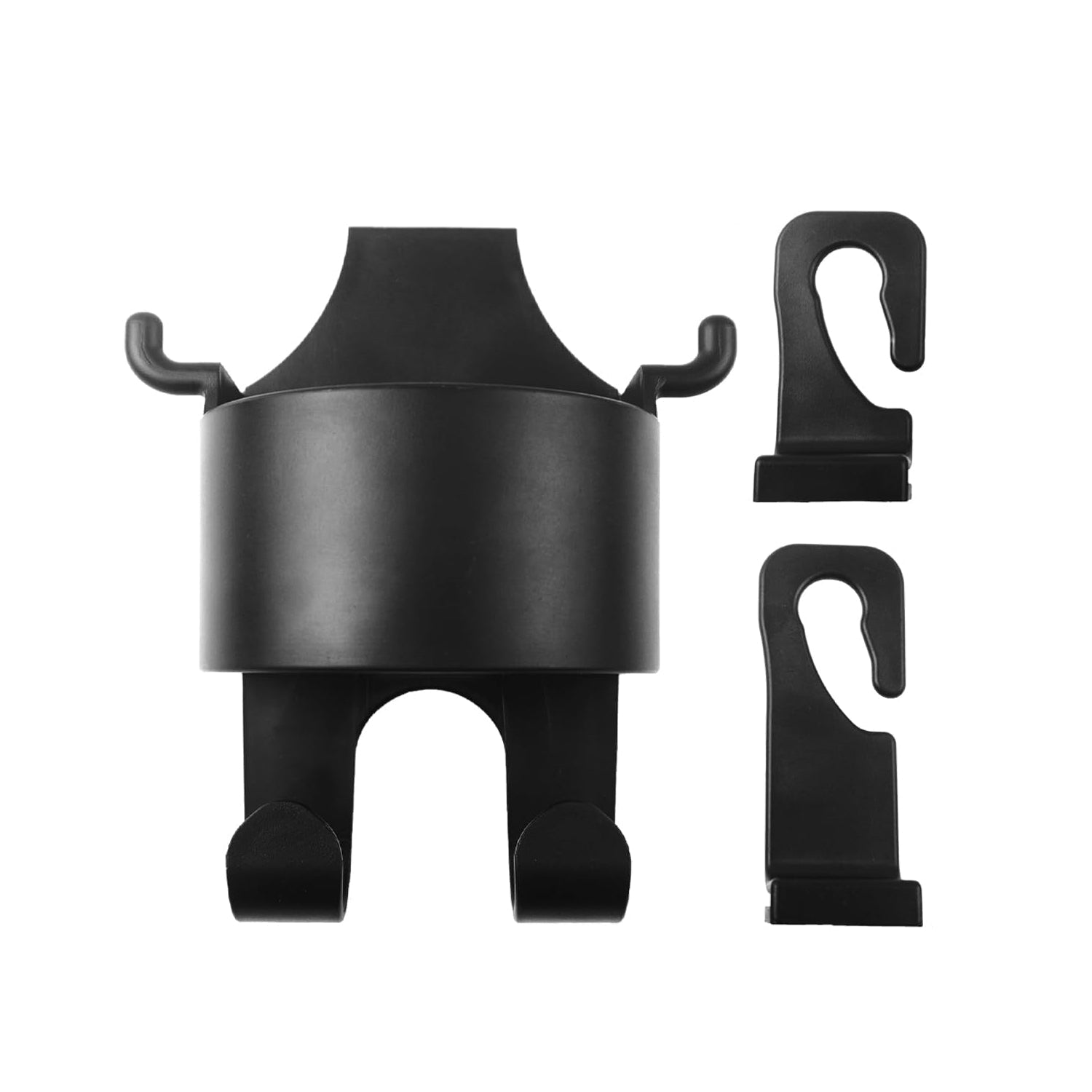 Car backseat organizer with hooks holding bags and umbrellas for clutter free travel