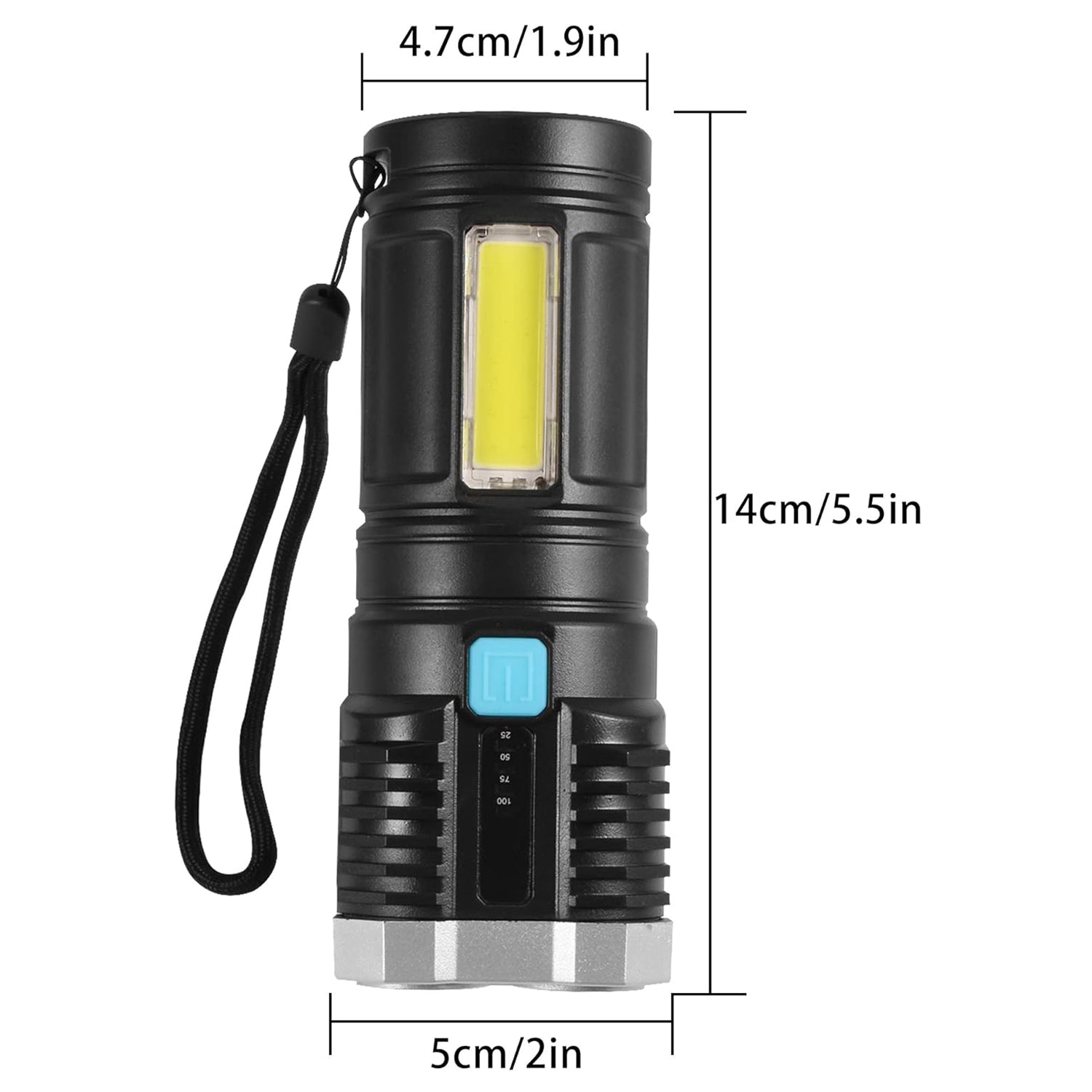 A black and silver flashlight with a wrist strap, displayed with measurements of 4.7cm/1.9in width, 14cm/5.5in length, and