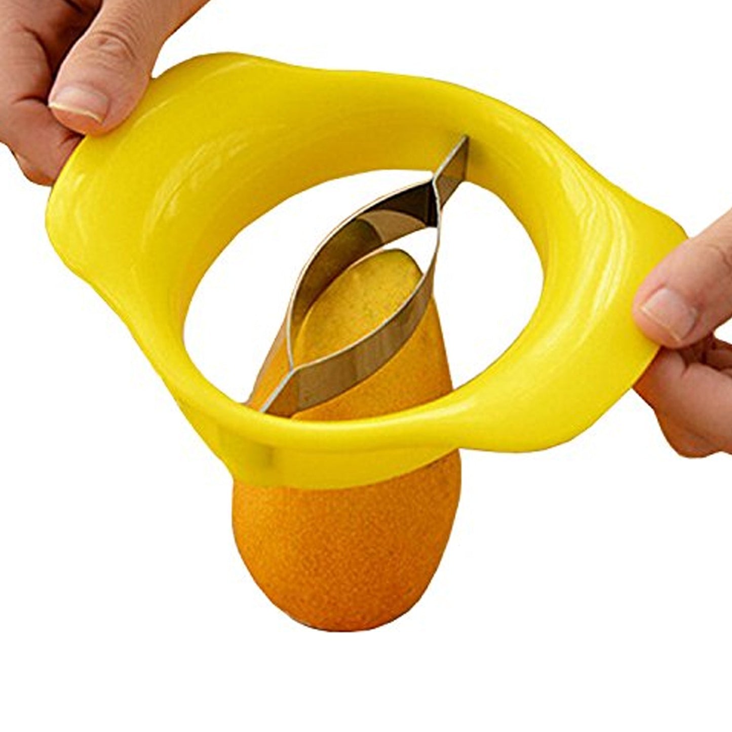 Efficient mango cutting tool with non-slip handle on a kitchen counter.