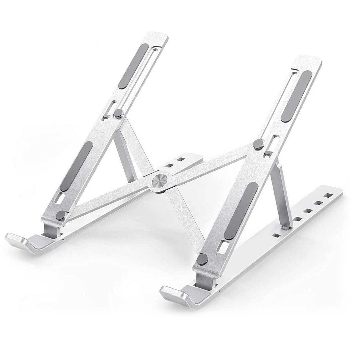 Ergonomic portable laptop stand elevating a laptop on a wooden desk, enhancing workspace.