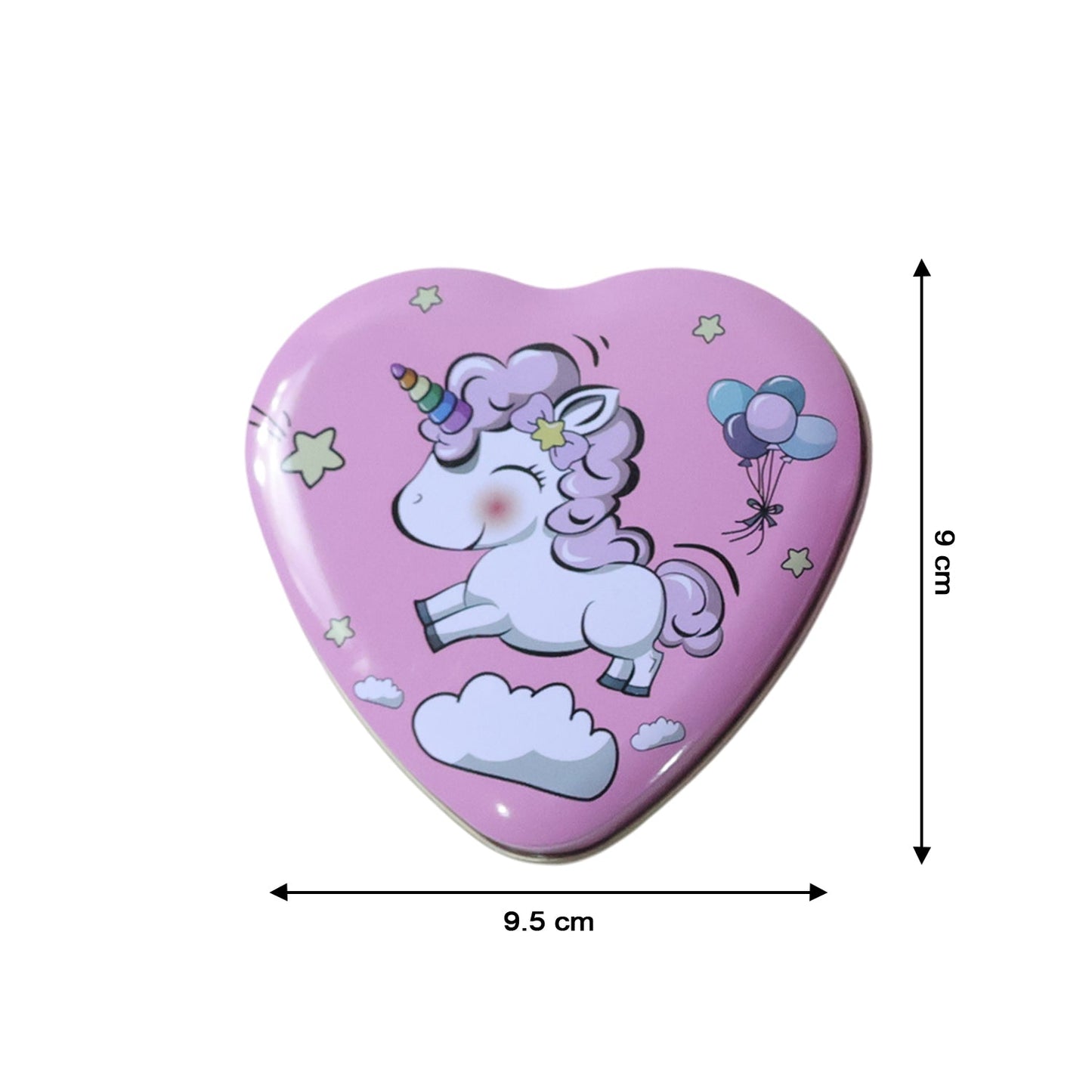 Side view of heart shaped unicorn print metal storage box