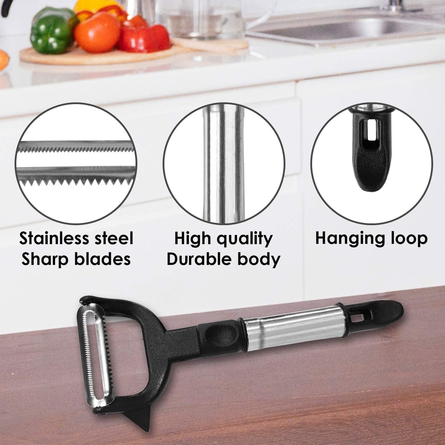 Top-down view of the dual-blade julienne vegetable peeler.