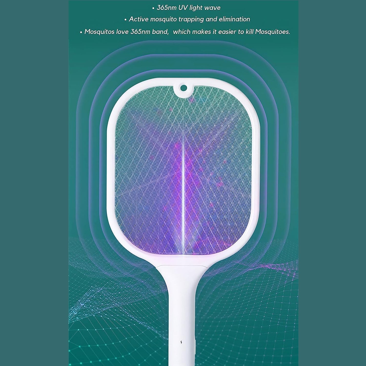 A white mosquito killer racket with a purple glowing grid is centered against a teal and green gradient background.