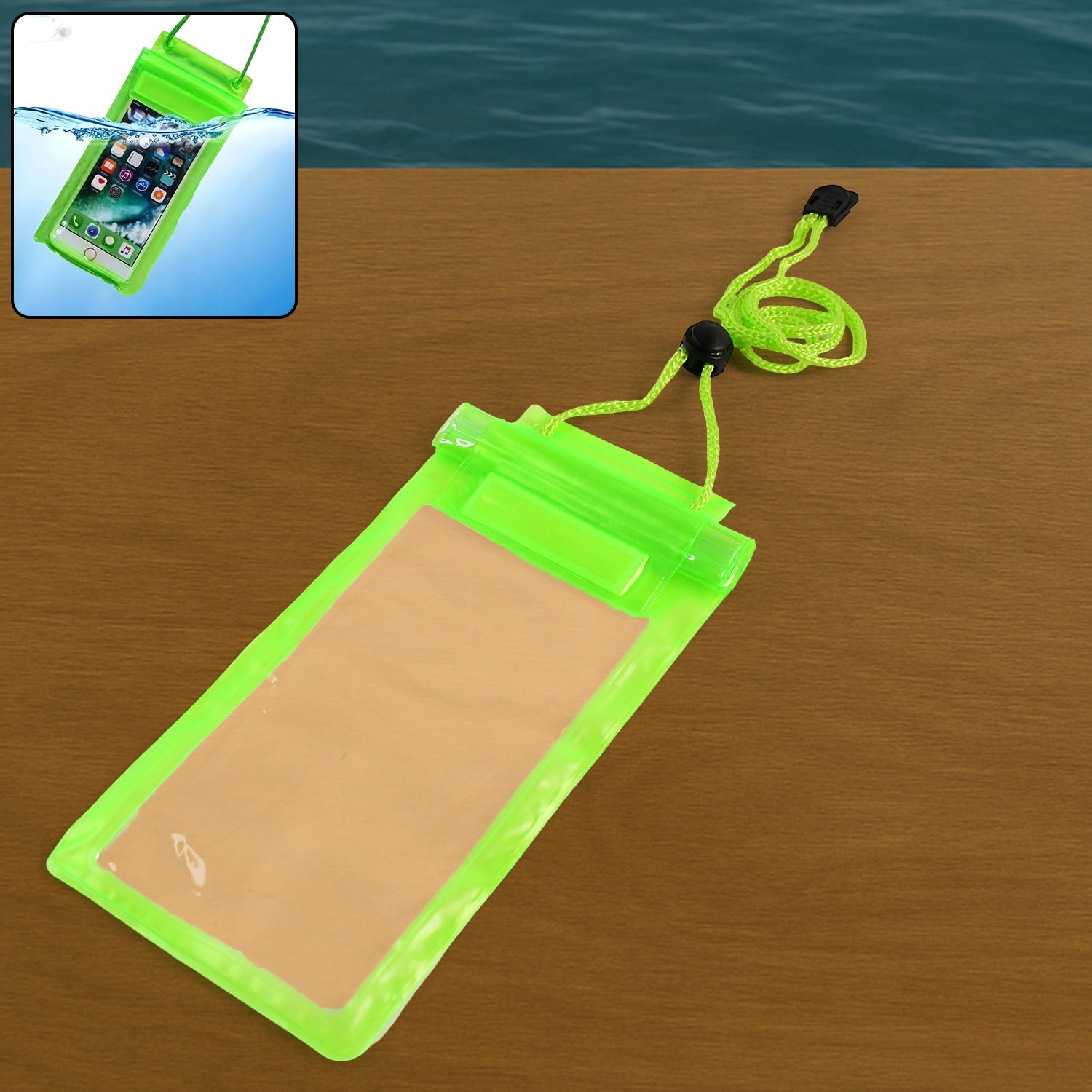 A bright green waterproof mobile pouch with a clear front is displayed on a wooden surface, with a small inset showing a