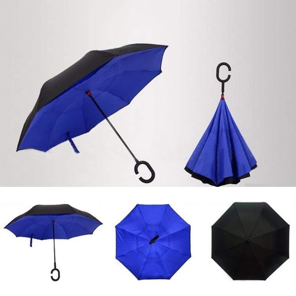 Five umbrellas are shown: an open black and blue umbrella, a closed umbrella, and three flat umbrella views.
