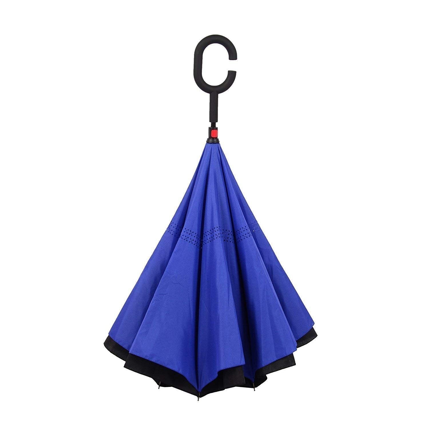 A closed blue and black umbrella with a black C-handle and small holes along the blue fabric.