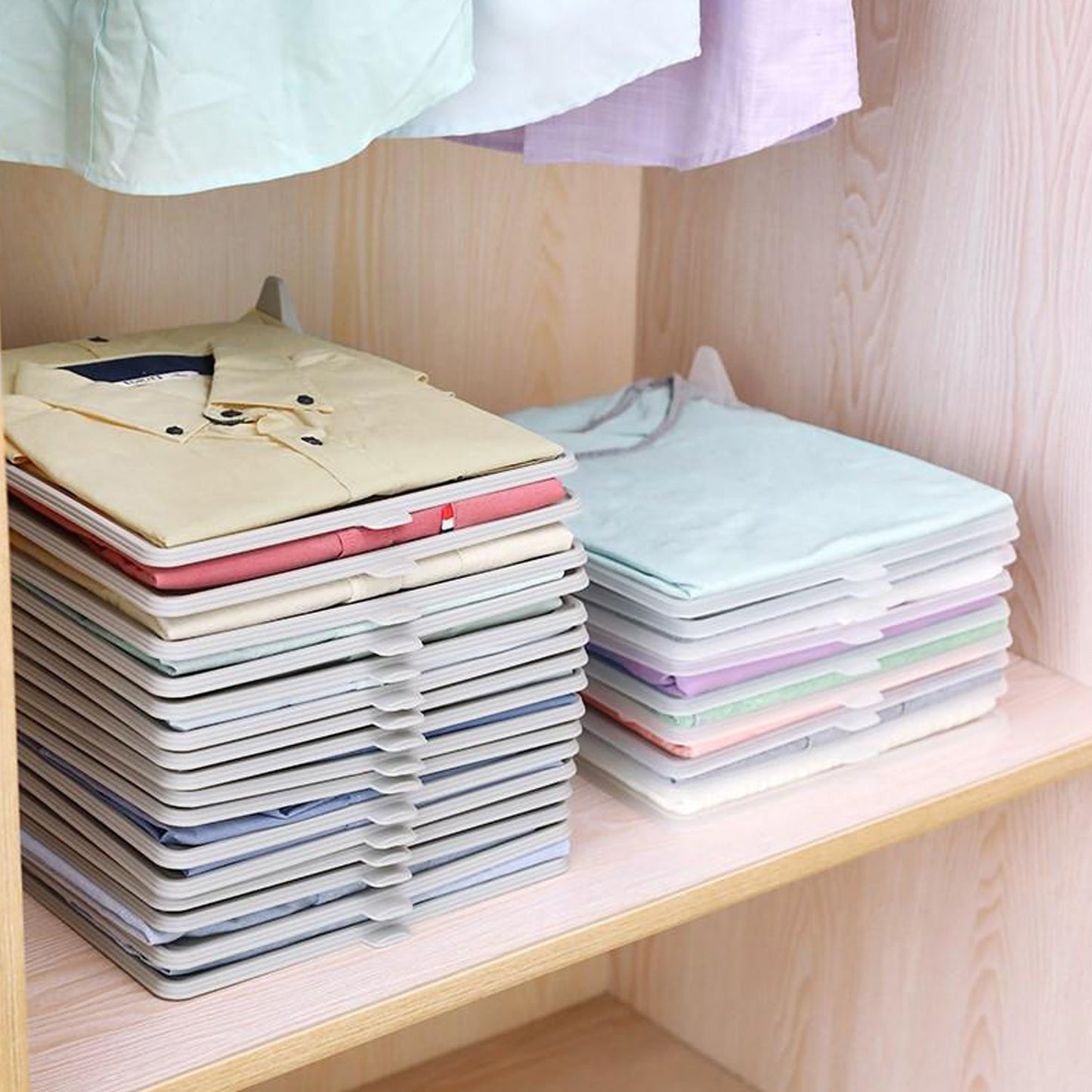 Lightweight wardrobe organizer for tidying up folded clothing at home.