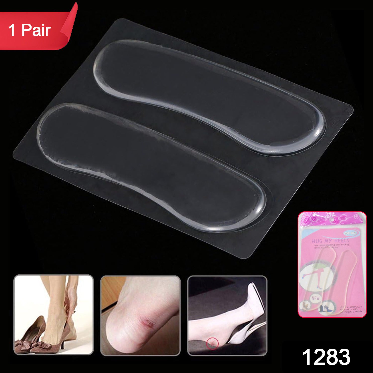 Hand holding a beige fabric heel cushion pad, showing the self-adhesive backing.
