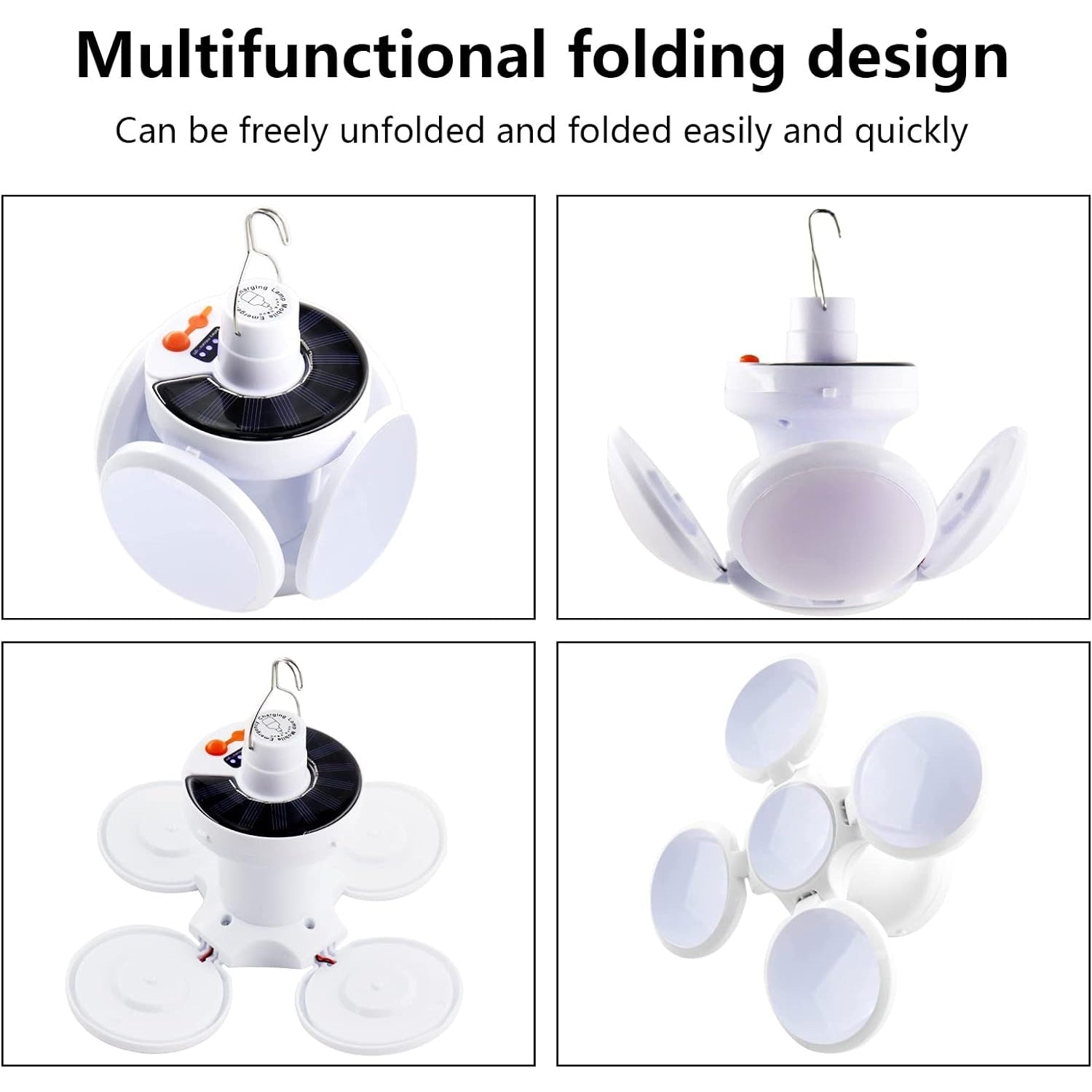 Four square images display the white solar camping light in various folded and unfolded positions, showcasing its versatile