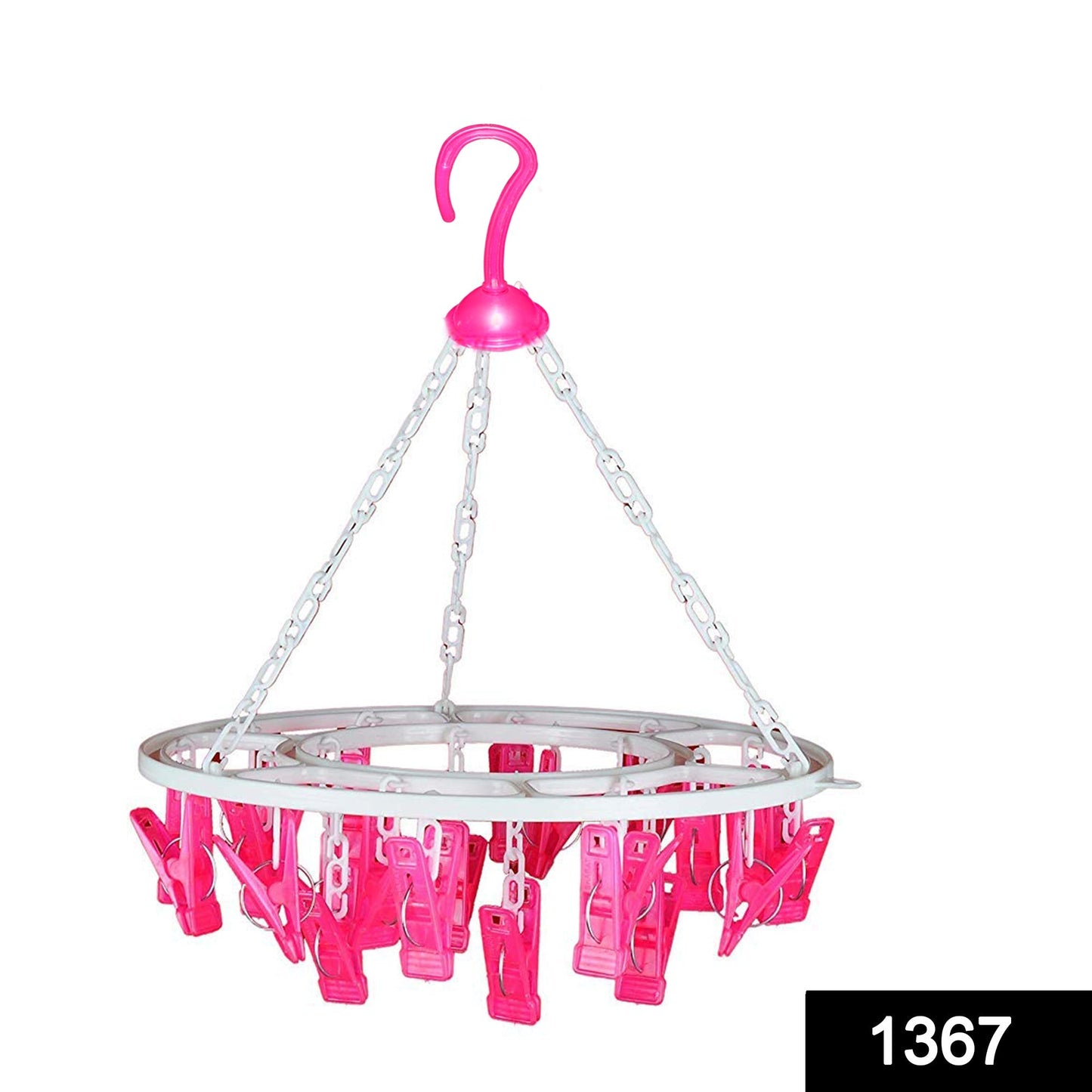 Plastic round hanger with 24 clips for cloth drying in vibrant multicolour.