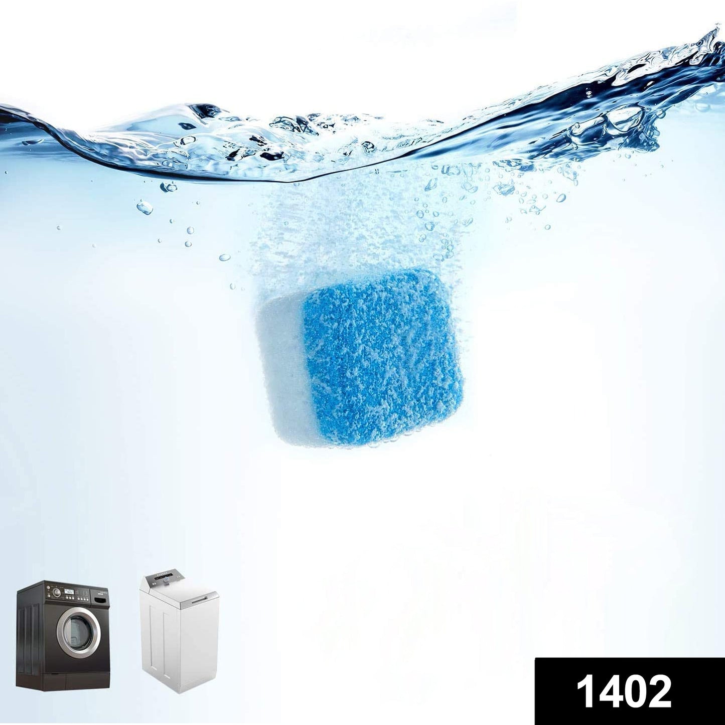 Effervescent washing machine cleaner tablet removing grime.