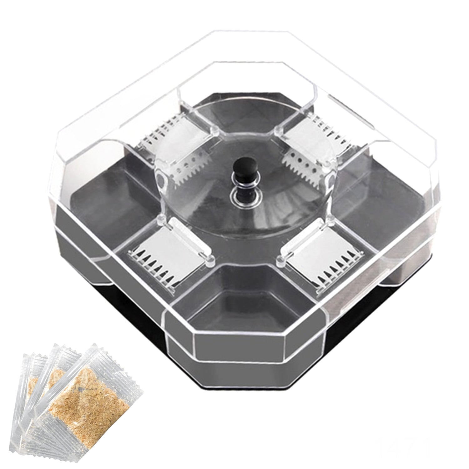 A clear plastic hexagonal trap with a dark gray base and internal silver grates is displayed with three packets of bait