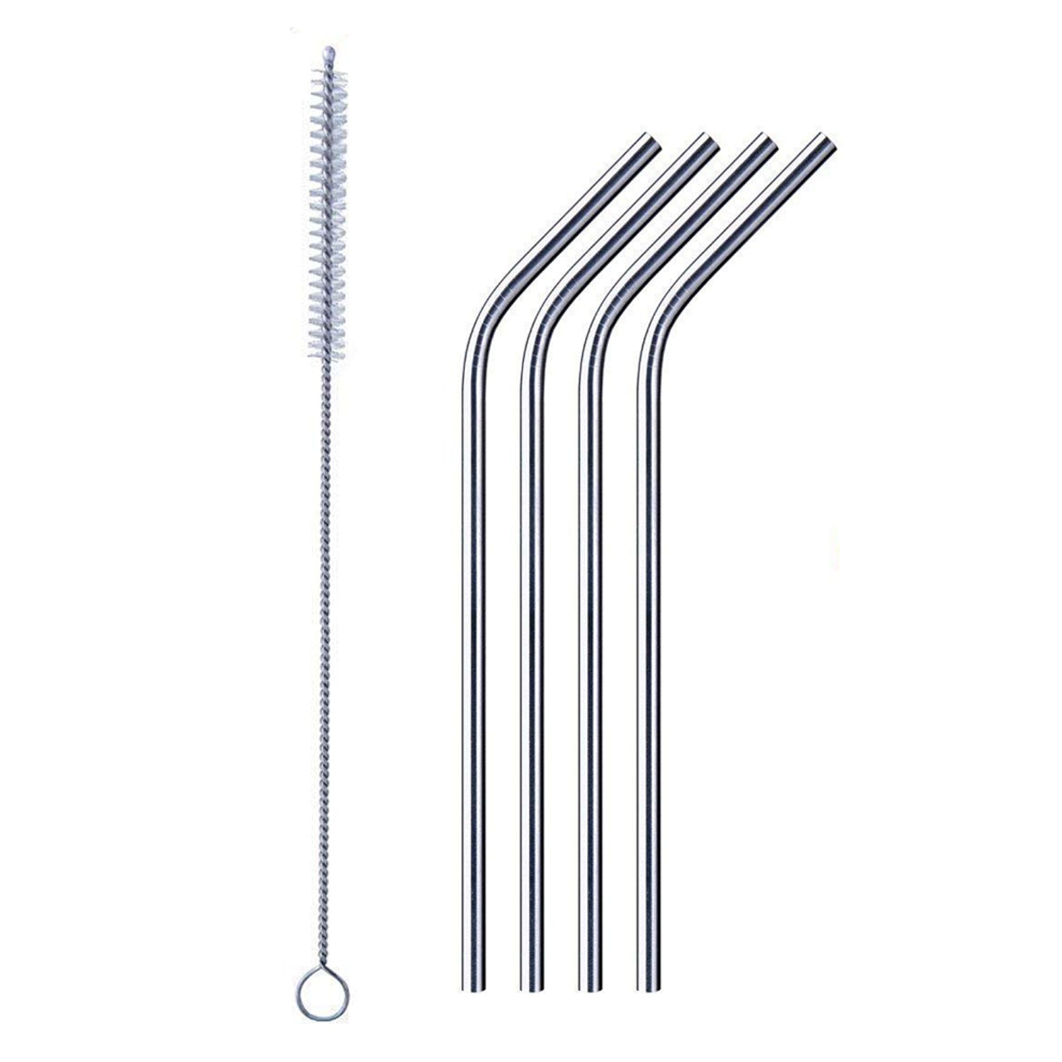 Bent stainless steel straw elegantly placed in a clear drinking glass.