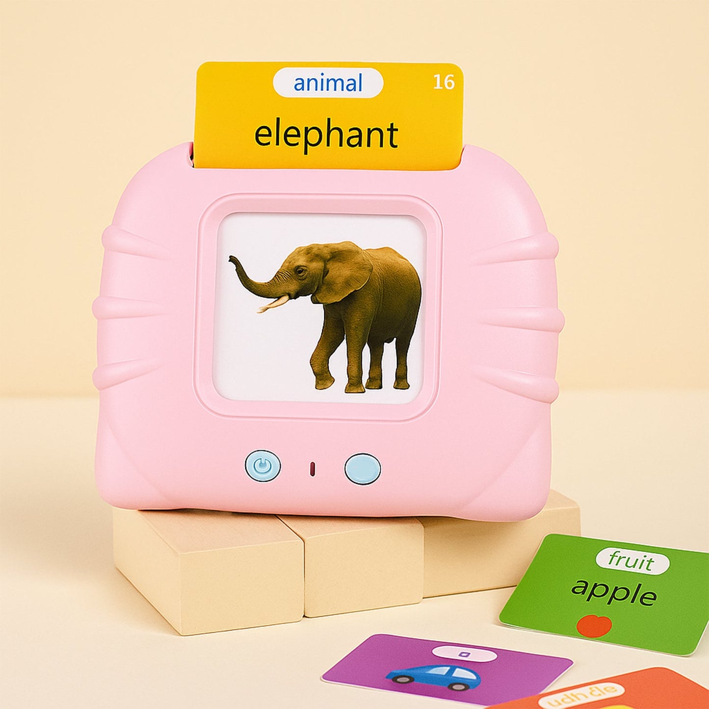 Interactive English learning machine for kids with colorful flash cards.