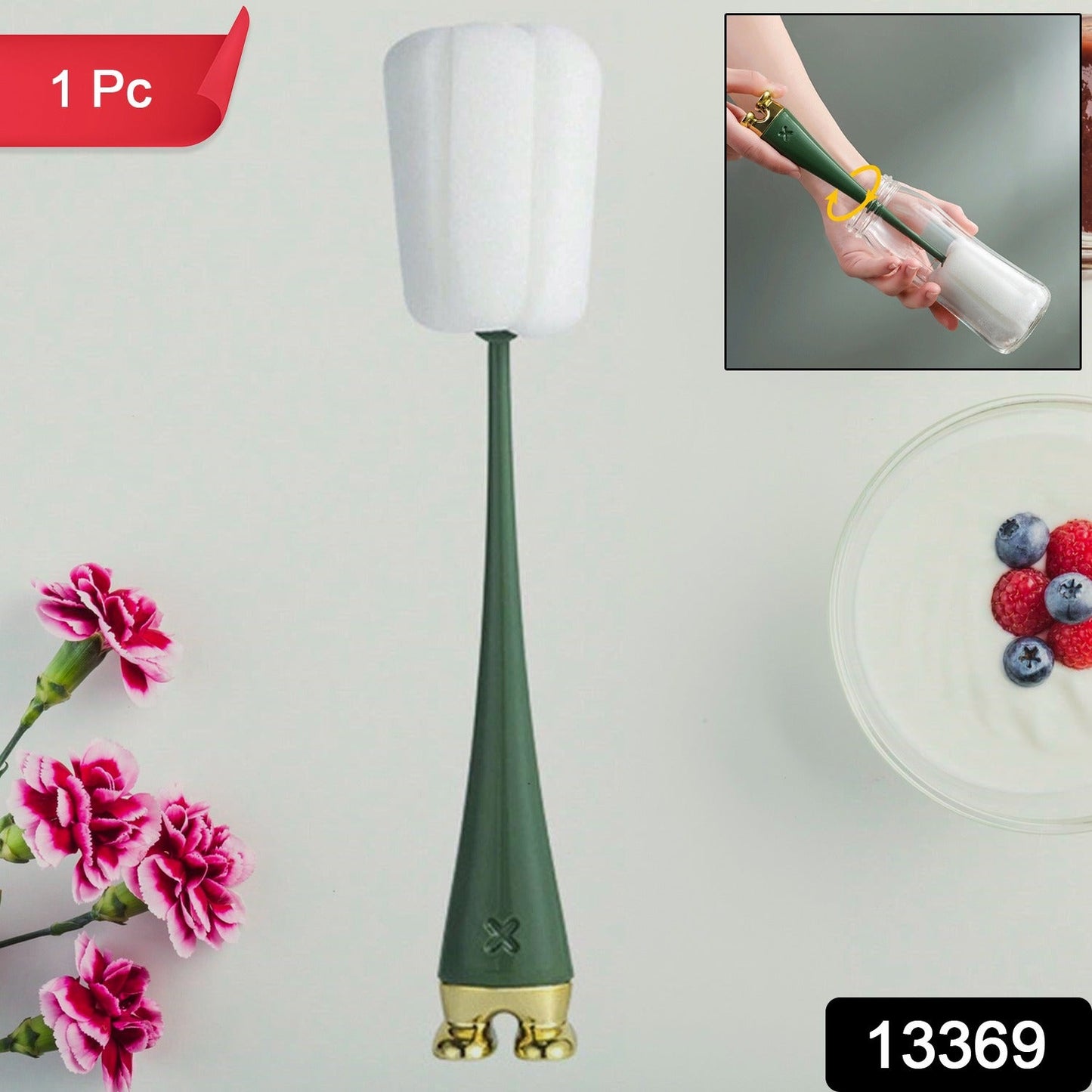 Multifunctional silicone bottle cleaning brush effectively cleaning a tall glass bottle.