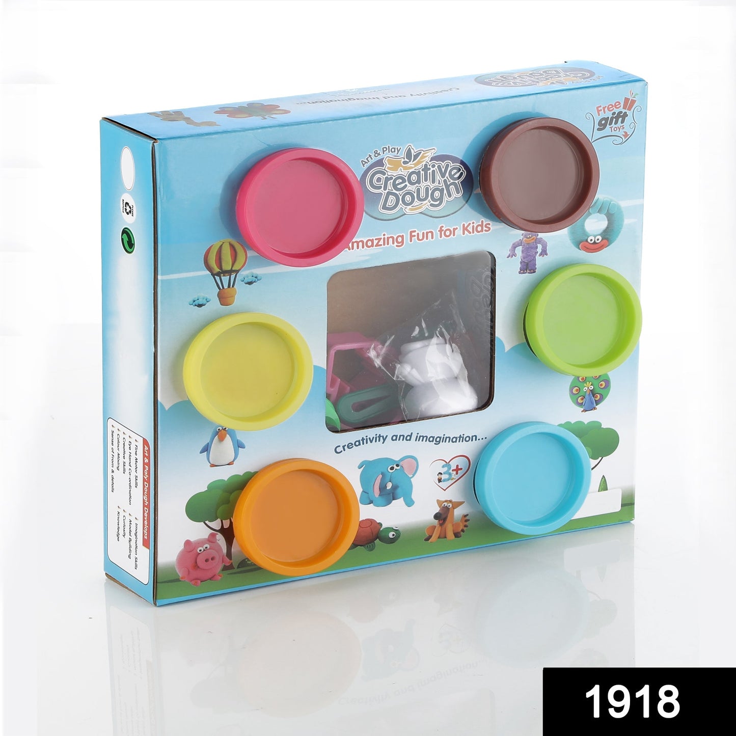 Close-up of a non-toxic play dough kit, showing 5 different colours and various moulds.