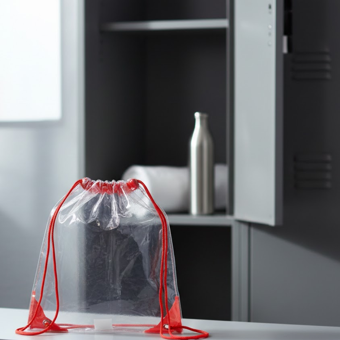 A clear drawstring bag with red accents sits on a white surface in front of an open gray locker with a water bottle and