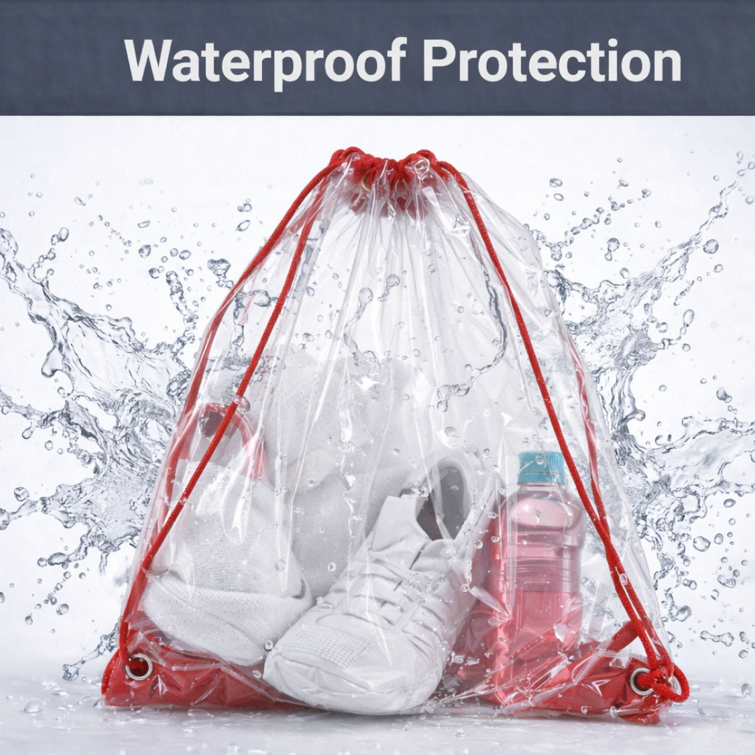 A clear drawstring bag with red trim holds white sneakers and a pink water bottle, with water splashing around it to