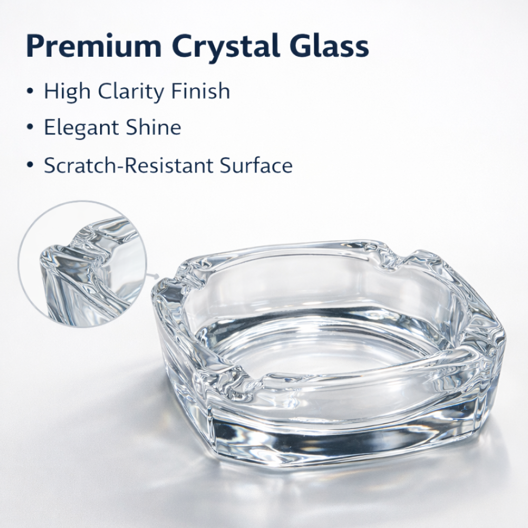 Infographic highlighting the premium quality and lead-free material of the ashtray.