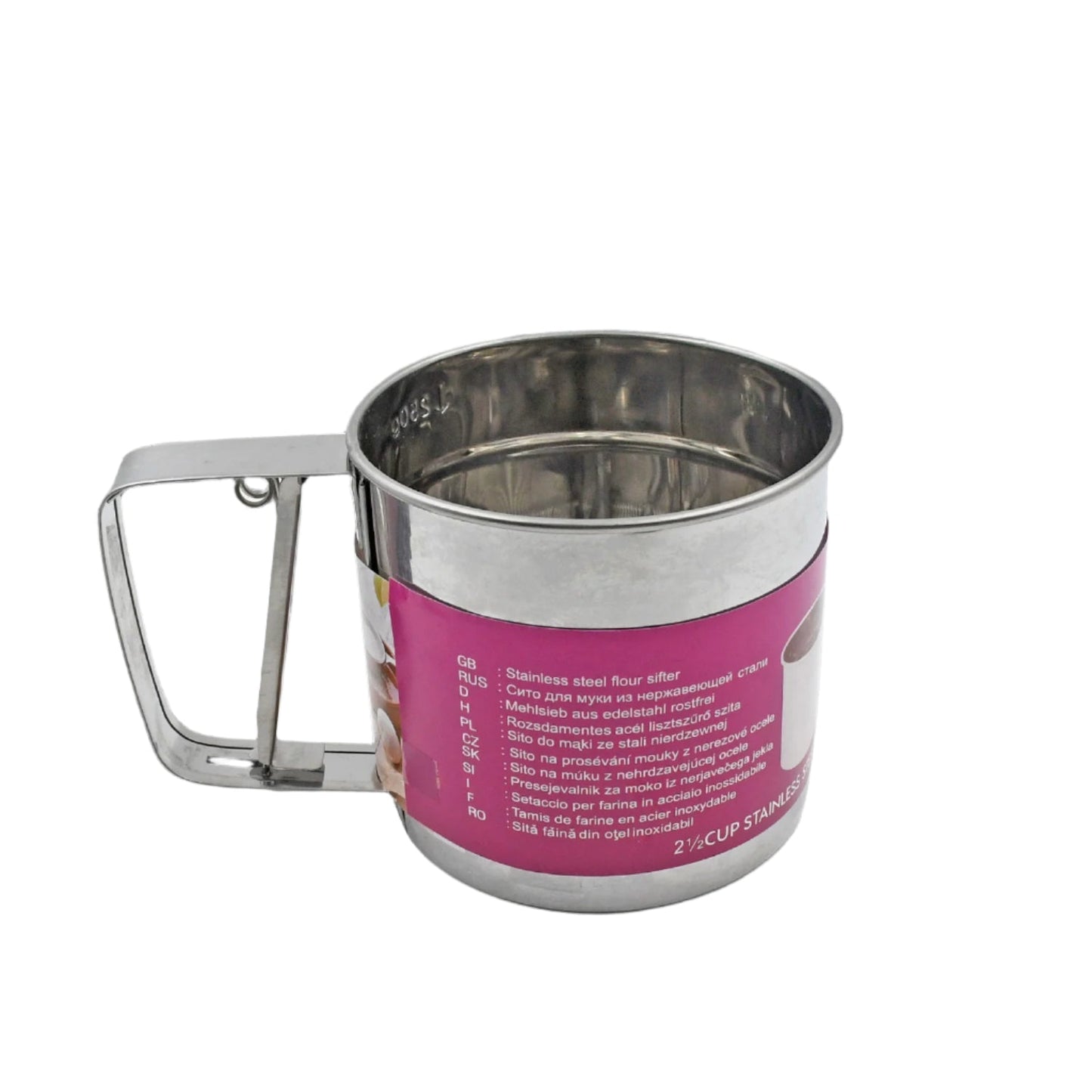 Stainless steel flour sifter with a comfortable handle, perfect for baking.