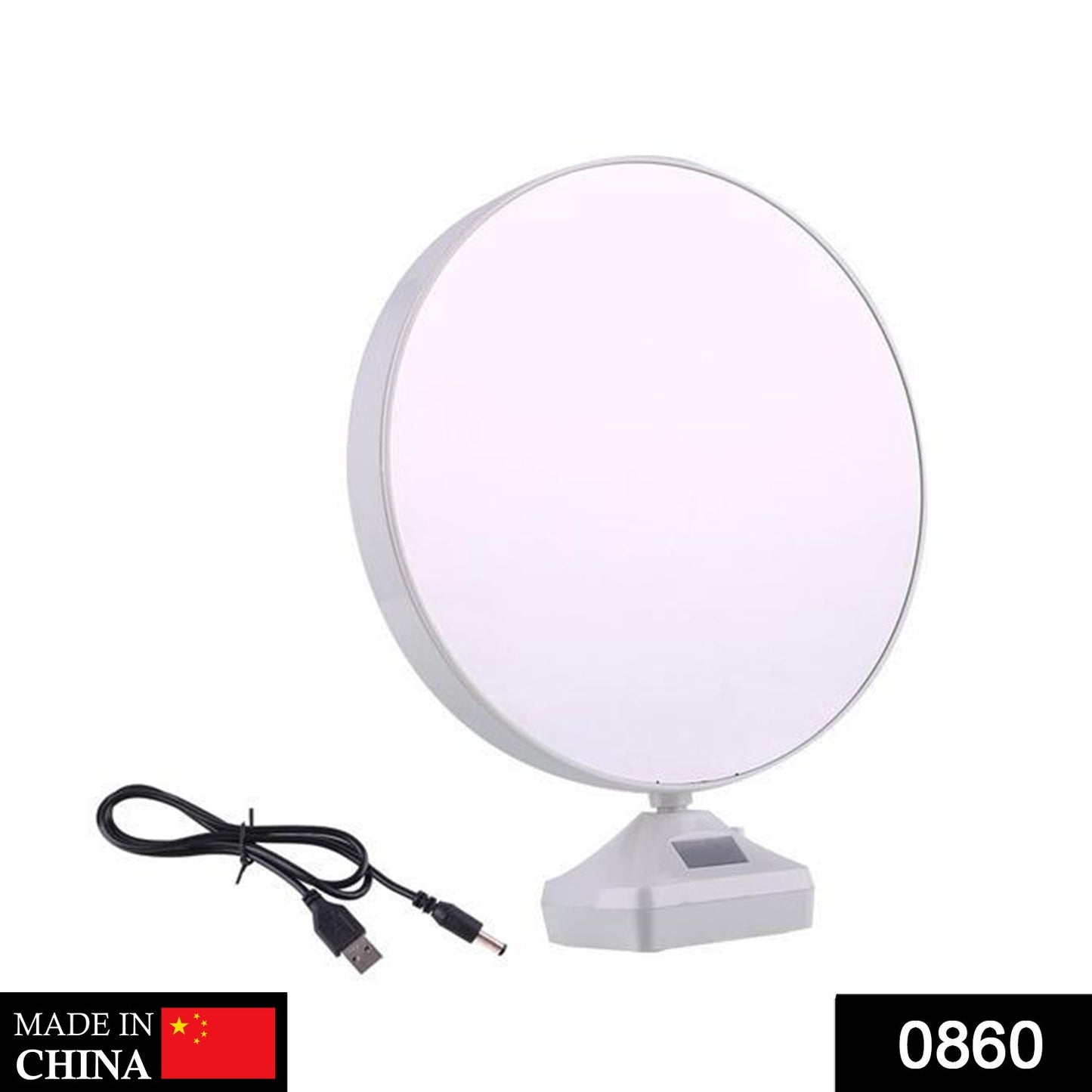 Round LED Magic Mirror Photo Frame switched off, showing a clear mirror reflection.