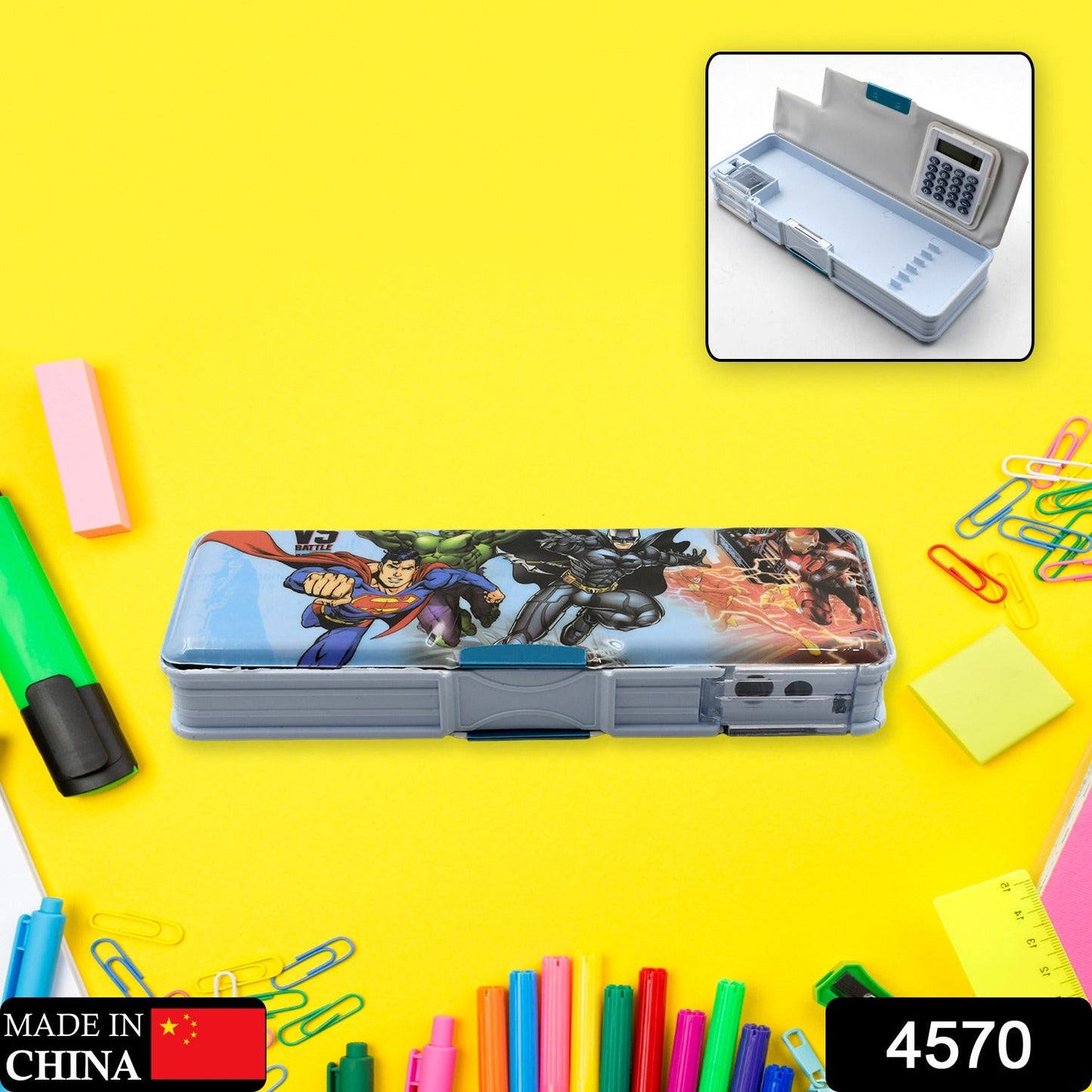 Kids' magnetic pencil box showcasing its dual sharpener and calculator.