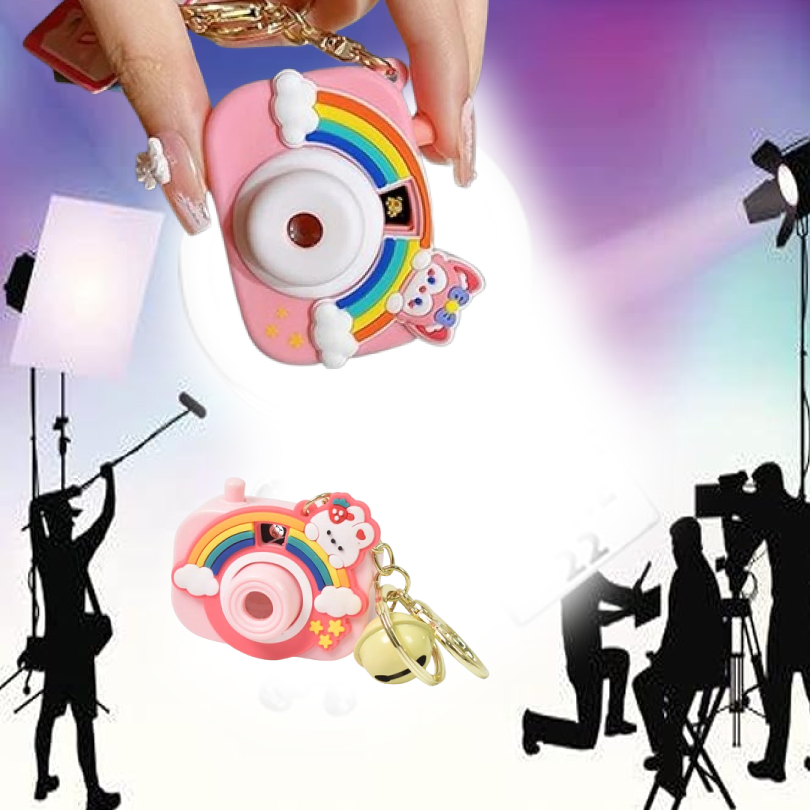 Side angle of projective camera keychain highlighting durable enamel coating