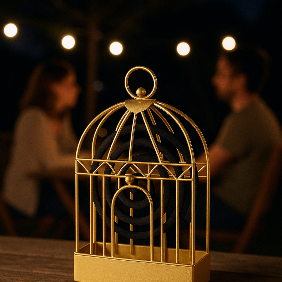 A gold birdcage-style holder with a mosquito coil sits on a wooden table, with two blurred figures and string lights in the