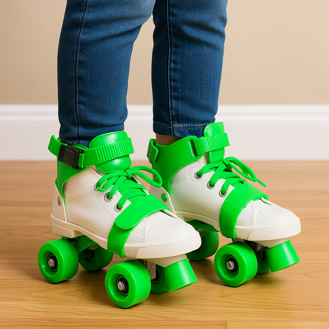 A pair of vibrant kids roller skates displayed on a clean background.