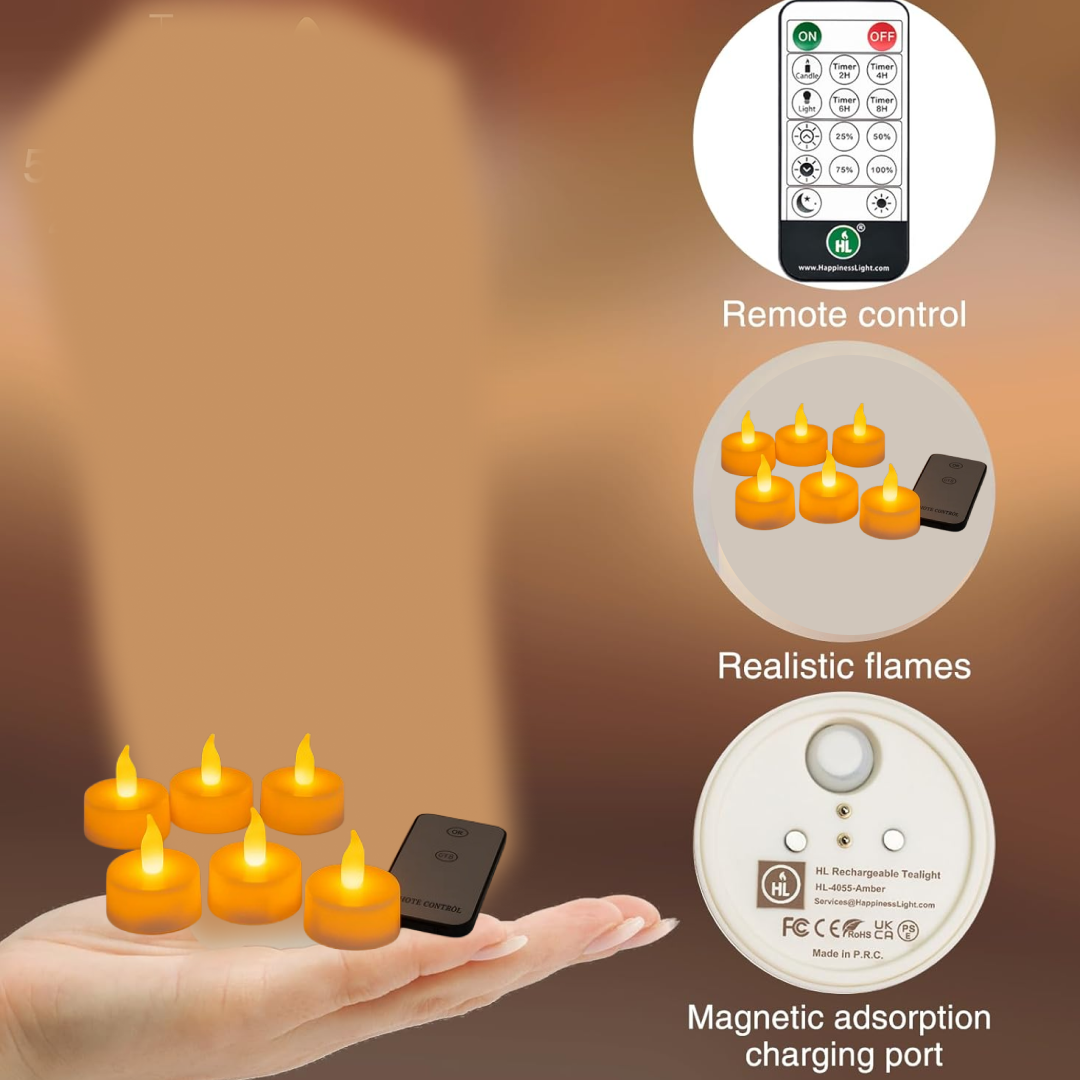 Closeup of battery operated LED tealight candle with flickering flame