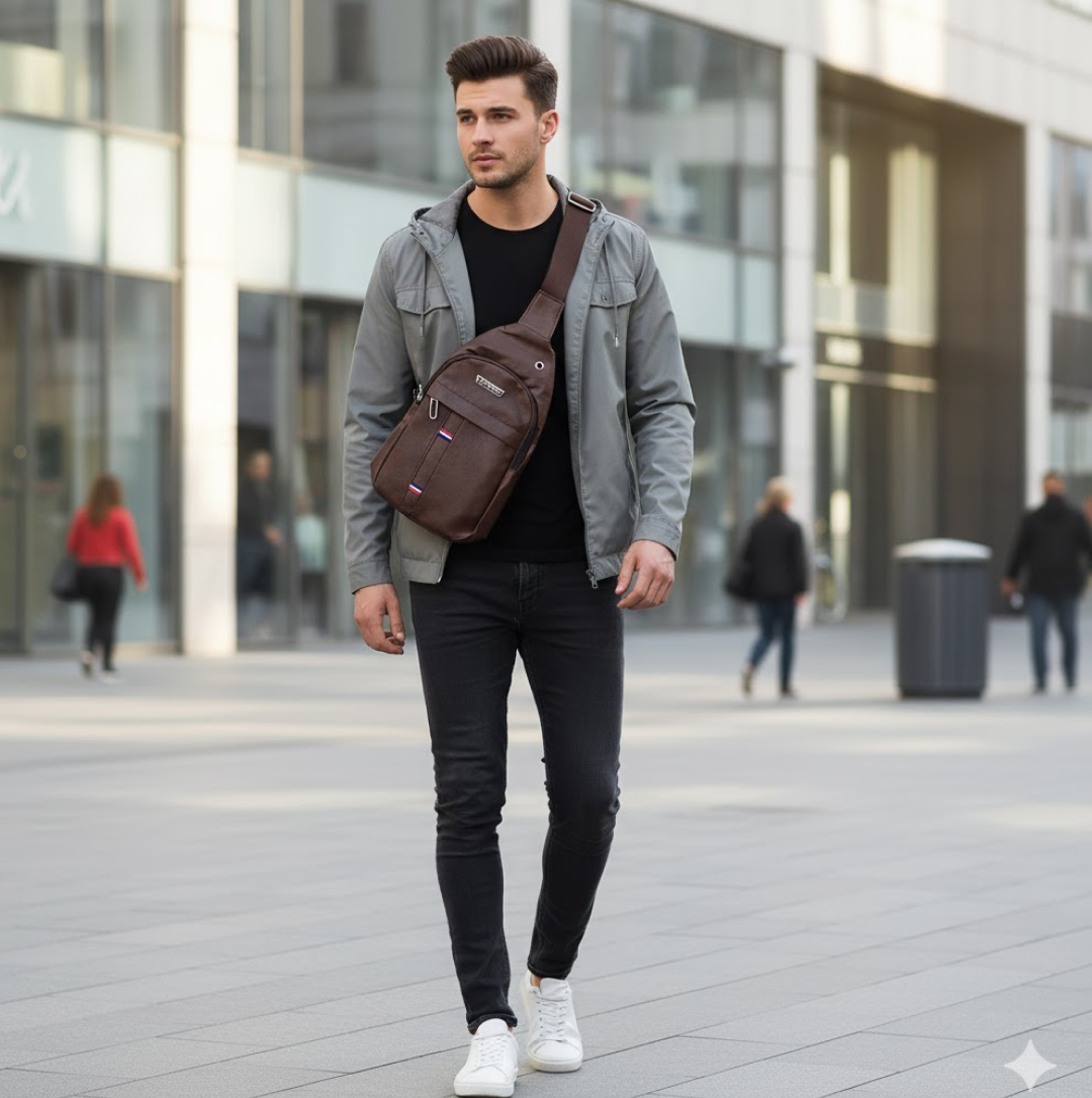 A man walking outdoors wearing a gray jacket and black jeans with a brown leather sling bag across his chest.