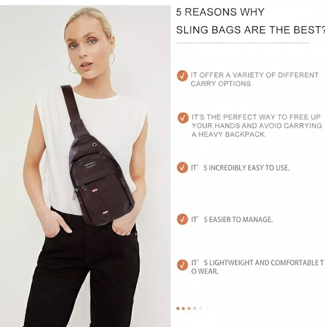 A woman wearing a white shirt and black pants with a brown leather sling bag across her chest.