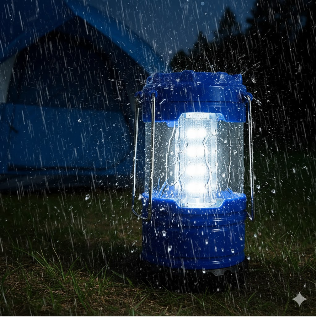 A blue and black LED lantern stands on wet grass in the rain, with a blue tent in the blurry background.