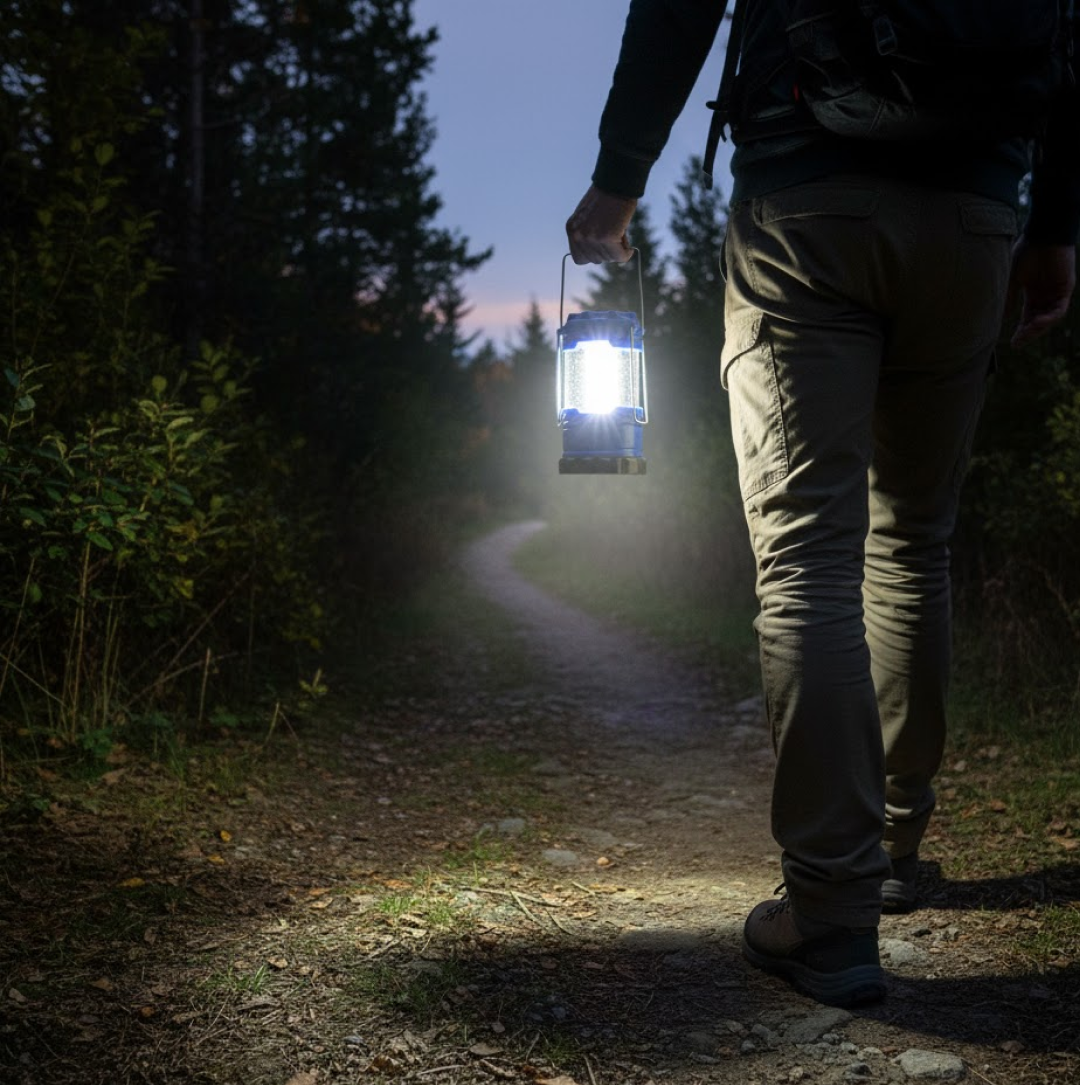 A person walks away on a dark, winding path, holding a blue and black LED lantern that lights the way.